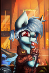 Size: 1420x2100 | Tagged: safe, artist:hagalazka, fleetfoot, pegasus, pony, g4, :p, car, clothes, female, hoof hold, jacket, looking at you, mare, plant, ponytail, silly, smiling, solo focus, starbucks, tongue out
