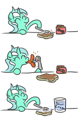 Size: 442x710 | Tagged: safe, artist:jargon scott, lyra heartstrings, pony, unicorn, g4, absolutely disgusting, comic, everything is ruined, eyes closed, female, food, happy, hoof hold, l.u.l.s., licking, mare, peanut butter, pure unfiltered evil, sandwich, simple background, smiling, solo, sour cream, spoon, tongue out, white background