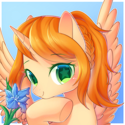 Size: 1800x1800 | Tagged: safe, artist:leafywind, oc, oc only, oc:cassidy, alicorn, pony, alicorn oc, bust, colored pupils, female, flower, gradient background, hoof on chin, looking at you, mare, ponytail, solo, spread wings, starry eyes, wingding eyes, wings