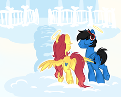 Size: 1024x819 | Tagged: safe, artist:kellythedrawinguni, oc, oc only, oc:bangers, oc:michaela, pegasus, pony, female, halo, headphones, heaven, male, mare, stallion