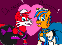 Size: 2338x1700 | Tagged: safe, artist:2tailedderpy, oc, oc only, oc:cold front, oc:two-tailed derpy, earth pony, fox, fox pony, hybrid, original species, pegasus, pony, bow, bowtie, clothes, collar, crossdressing, dialogue, dress, ear fluff, fishnet stockings, frog (hoof), hairband, hat, heart, lace, maid, multicolored hair, open mouth, ribbon, socks, text, that stallion sure does love dresses, underhoof, wings