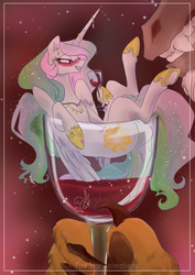 Size: 1253x1770 | Tagged: safe, alternate version, artist:candasaurus, discord, princess celestia, alicorn, pony, alcohol, blushing, cup of pony, drunk, drunklestia, ear piercing, earring, female, glass, grin, heart eyes, horn jewelry, horn ring, jewelry, magnetic hooves, mare, micro, necklace, piercing, red background, red wine, simple background, smiling, wine, wine glass, wingding eyes