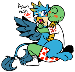 Size: 875x845 | Tagged: safe, artist:/d/non, gallus, oc, oc:anon, griffon, human, g4, school daze, all of the homo, blush sticker, blushing, boxers, clothes, cuddling, drawthread, duo, embarrassed, gay, hug, interspecies, male, non-consensual cuddling, simple background, tail wag, tsundere, underwear, white background