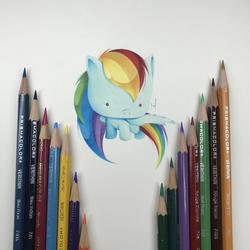 Size: 3024x3024 | Tagged: safe, artist:nana-marchae, rainbow dash, pegasus, pony, g4, chibi, colored pencil drawing, cute, female, giant head, high res, mare, signature, simple background, solo, traditional art, white background