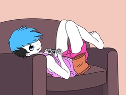Size: 1200x900 | Tagged: safe, artist:linedraweer, oc, oc only, oc:wy, human, equestria girls, g4, barefoot, chips, commission, controller, couch, feet, femboy, food, hair over one eye, humanized, male, playing, playstation 4, relaxing, solo, tongue out, video game, witch