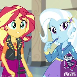 Size: 661x662 | Tagged: safe, screencap, sunset shimmer, trixie, equestria girls, equestria girls specials, g4, my little pony equestria girls: better together, my little pony equestria girls: forgotten friendship, official, canterlot high, duo, equestria girls logo, geode of empathy, my little pony logo