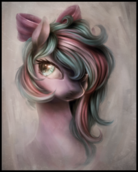 Size: 1230x1530 | Tagged: safe, artist:ventious, oc, oc only, oc:spirit sparkle, pony, bow, bust, commission, female, hair bow, hair over one eye, mare, portrait, solo
