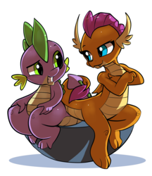 Size: 1989x2298 | Tagged: safe, artist:gsphere, smolder, spike, dragon, g4, school daze, crossed arms, cute, dragoness, duo, female, intertwined tails, looking at each other, male, ship:spolder, shipping, simple background, sitting, smiling, smolderbetes, straight, tail wrap, white background