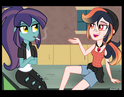 Size: 1024x807 | Tagged: dead source, safe, artist:wubcakeva, oc, oc only, oc:cricket, oc:skylar, equestria girls, g4, bandaid, bandaid on nose, cigarette, clothes, crossed arms, equestria girls-ified, open mouth, sitting, smoking