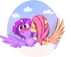 Size: 2500x2000 | Tagged: dead source, safe, artist:miokomata, fluttershy, oc, oc:dazzling talents, alicorn, pegasus, pony, g4, alicorn oc, blushing, canon x oc, cloud, female, freckles, high res, kissing, lesbian, mare, not twilight sparkle, simple background, sky, transparent background