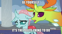 Size: 888x499 | Tagged: safe, edit, edited screencap, screencap, ocellus, thorax, changedling, changeling, g4, school daze, caption, cute, diaocelles, discovery family logo, duo, eye contact, female, floppy ears, frown, image macro, king thorax, lidded eyes, looking at each other, male, meme, sad, sadorable, talking, text, tongue out