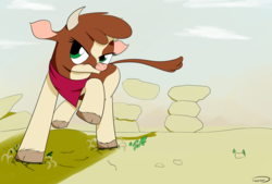 Size: 3496x2362 | Tagged: safe, artist:taurson, arizona (tfh), cow, them's fightin' herds, bandana, cloven hooves, commission, community related, desert, earthquake, female, high res, macro, solo, stomping