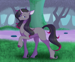 Size: 1282x1050 | Tagged: safe, artist:daikaluff, oleander (tfh), classical unicorn, pony, unicorn, them's fightin' herds, cloven hooves, community related, curved horn, female, horn, leonine tail, looking at you, scenery, solo, unshorn fetlocks
