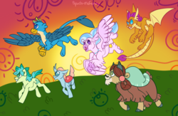 Size: 1024x667 | Tagged: safe, artist:mrraapeti, gallus, ocellus, sandbar, silverstream, smolder, yona, classical hippogriff, griffon, hippogriff, g4, school daze, cute, diaocelles, diastreamies, gallabetes, monkey swings, sandabetes, smolderbetes, student six, yonadorable