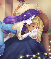 Size: 1429x1643 | Tagged: safe, artist:tcn1205, applejack, rarity, human, equestria girls, equestria girls series, five to nine, g4, acoustic guitar, blanket, clothes, cowboy hat, cute, daaaaaaaaaaaw, eyes closed, female, hat, humanized, jackabetes, lesbian, love, musical instrument, overalls, pony coloring, raribetes, rarihick, ship:rarijack, shipping, smiling, stetson, that was fast
