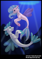 Size: 1024x1437 | Tagged: safe, artist:scarahsasha, silverstream, terramar, seapony (g4), g4, surf and/or turf, brother and sister, duo, female, fins, jewelry, looking at each other, male, necklace, open mouth, seapony silverstream, sunlight, text, underwater, water, wings