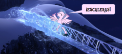 Size: 1000x448 | Tagged: safe, artist:izzyizumi, silverstream, classical hippogriff, hippogriff, g4, school daze, diastreamies, disney, female, frozen (movie), let it go, solo, spanish text, that hippogriff sure does love stairs