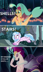 Size: 916x1527 | Tagged: safe, edit, edited screencap, screencap, princess skystar, queen novo, silverstream, classical hippogriff, hippogriff, seapony (g4), g4, my little pony: the movie, school daze, aunt and niece, beak, blue eyes, blue mane, claws, collar, coral, cousins, crown, excited, eyelashes, eyes closed, eyeshadow, facefin, facehoof, female, fin wings, fins, fish tail, flowing tail, freckles, i'm surrounded by idiots, it runs in the family, jewelry, makeup, mother and daughter, necklace, ocean, pearl necklace, princess skystar does loves shells, purple mane, reference, regalia, seaquestria, smiling, swimming, tail, teeth, that hippogriff sure does love stairs, that seapony sure does love shells, the lion king, throne, throne room, underwater, unshorn fetlocks, water, wings
