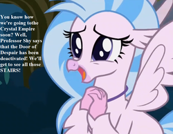 Size: 900x700 | Tagged: safe, edit, edited screencap, editor:korora, screencap, silverstream, classical hippogriff, hippogriff, g4, school daze, bronybait, cropped, diastreamies, excited, implied fluttershy, text, that hippogriff sure does love stairs