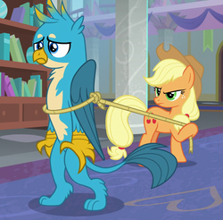 Size: 1097x1079 | Tagged: safe, screencap, applejack, gallus, earth pony, griffon, pony, g4, school daze, bipedal, bondage, bound wings, cropped, female, lasso, majestic, male, out of context, rope, rope bondage, standing