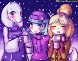 Size: 950x750 | Tagged: safe, artist:lumineko, coco pommel, human, anthro, g4, animal crossing, animal crossing: new leaf, blushing, chocolate, clothes, coat, crossover, food, gloves, hot chocolate, isabelle, looking at you, mai waifus have met, peace sign, scarf, smiling, snow, toriel, trio, undertale