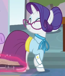 Size: 300x348 | Tagged: safe, screencap, rarity, pony, unicorn, g4, school daze, alternate hairstyle, clothes, cropped, cummerbund, eyes closed, female, glasses, hair bun, happy, horn, magic, necktie, raised hoof, sash, schoolmarm rarity, shirt, skirt, smiling, solo, standing, telekinesis