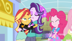 Size: 1920x1080 | Tagged: safe, screencap, fluttershy, pinkie pie, starlight glimmer, sunset shimmer, equestria girls, equestria girls specials, g4, mirror magic, beanie, bracelet, clothes, cute, eyes closed, faic, female, hat, hug, jacket, jewelry, leather jacket, mall, necklace, open mouth, out of context, pants, pendant, shirt, skirt, very out of context, watch, wristwatch