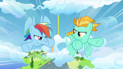 Size: 1280x720 | Tagged: safe, screencap, lightning dust, rainbow dash, pegasus, pony, g4, wonderbolts academy, cloud, duo, female, flying, looking at each other, mare, one eye closed, rainbow waterfall, speed lines, wink