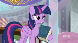 Size: 1068x598 | Tagged: safe, screencap, twilight sparkle, alicorn, pony, g4, school daze, season 8, bedroom eyes, book, eea rulebook, female, lidded eyes, solo, twilight sparkle (alicorn)