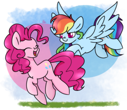 Size: 1150x1000 | Tagged: safe, artist:chautung, pinkie pie, rainbow dash, earth pony, pegasus, pony, g4, eyes closed, female, flying, happy, laughing, lesbian, mare, open mouth, ship:pinkiedash, shipping, smiling