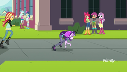 Size: 1280x720 | Tagged: safe, screencap, apple bloom, bon bon, lyra heartstrings, scootaloo, starlight glimmer, sunset shimmer, sweetie belle, sweetie drops, equestria girls, equestria girls specials, g4, my little pony equestria girls: mirror magic, boots, canterlot high, clothes, cutie mark crusaders, high heel boots, humans doing horse things, jacket, leather jacket, majestic as fuck, raised leg, sandals, shoes, socks