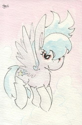 Size: 688x1040 | Tagged: safe, artist:slightlyshade, cloudchaser, pegasus, pony, g4, backwards cutie mark, clothes, female, flying, looking at you, mare, socks, solo, spread wings, thigh highs, traditional art, watercolor painting, white socks, wings