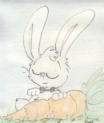 Size: 692x821 | Tagged: safe, artist:slightlyshade, angel bunny, rabbit, g4, animal, bowtie, carrot, food, herbivore, male, solo, traditional art