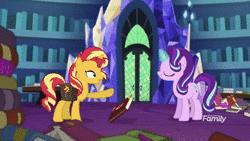 Size: 1280x720 | Tagged: safe, screencap, starlight glimmer, sunset shimmer, pony, unicorn, equestria girls, equestria girls specials, g4, my little pony equestria girls: mirror magic, animated, book, cute, female, horse problems, in the human world for too long, journal, levitation, library, magic, magic mirror, mare, no sound, non-dexterous hooves, shimmerbetes, telekinesis, twilight's castle, webm