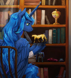 Size: 800x877 | Tagged: safe, artist:lusille, princess luna, alicorn, big cat, cheetah, leopard, pony, fanfic:moon rise, g4, bandage, bookshelf, chair, female, figurine, hoof hold, horn, mare, sitting, solo, wings