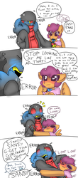 Size: 351x800 | Tagged: safe, artist:synnibear03, scootaloo, oc, oc:ponytale scootaloo, anthro, comic:ponytale, g4, blushing, crossover, crossover shipping, error sans, female, hape, hug, male, sans (undertale), scootasans, shipping, straight, undertale
