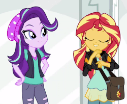 Size: 800x653 | Tagged: safe, screencap, starlight glimmer, sunset shimmer, equestria girls, equestria girls specials, g4, my little pony equestria girls: mirror magic, animated, bag, beanie, clothes, duo, female, gif, hat, jacket, leather jacket, pants, playful, punch, punchies, ripped pants, shirt, vest