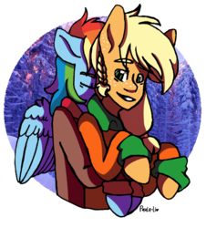 Size: 1944x2151 | Tagged: safe, artist:paula-li, applejack, rainbow dash, g4, back hug, clothes, cosplay, costume, female, kyle broflovski, lesbian, male, ship:appledash, shipping, south park, stan marsh, style (south park)