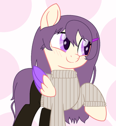 Size: 832x904 | Tagged: safe, artist:moonstar15987, pegasus, pony, clothes, doki doki literature club!, movie accurate, pants, polka dot background, ponified, solo, sweater, yuri (ddlc)