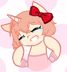 Size: 355x383 | Tagged: safe, artist:moonstar15987, pony, unicorn, crying, cute, daaaaaaaaaaaw, doki doki literature club!, grin, polka dot background, ponified, sayori, smiling, solo, stepford smiler