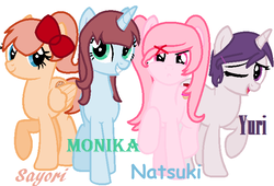 Size: 680x463 | Tagged: safe, artist:dapinkcreeper05, earth pony, pegasus, pony, unicorn, alternate hairstyle, doki doki literature club!, female, group, mare, monika, natsuki, ponified, quartet, sayori, yuri (ddlc)