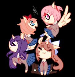 Size: 486x500 | Tagged: safe, artist:vritny, earth pony, pegasus, pony, unicorn, black background, clothes, doki doki literature club!, eyes closed, female, flying, group, mare, monika, natsuki, no pupils, ponified, quartet, sayori, school uniform, signature, simple background, yuri (ddlc)