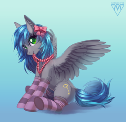 Size: 1138x1100 | Tagged: safe, artist:margony, oc, oc only, oc:key turner, pegasus, pony, abstract background, beads, bow, clothes, colored pupils, crossdressing, eyelashes, gradient background, male, socks, solo, spread wings, stallion, striped socks, thigh highs, trap, wings
