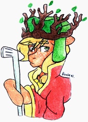 Size: 1575x2200 | Tagged: safe, artist:paula-li, applejack, earth pony, pony, g4, clothes, cosplay, costume, female, high jew elf, kyle broflovski, male, solo, south park, south park: the stick of truth, traditional art