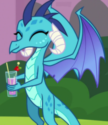 Size: 619x718 | Tagged: safe, screencap, princess ember, dragon, g4, school daze, cropped, cute, drink, emberbetes, eyes closed, female, food, smiling, solo, strawberry, when she smiles