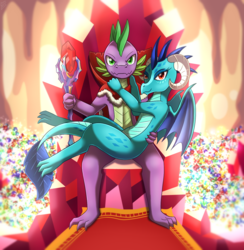 Size: 1300x1331 | Tagged: safe, artist:vavacung, princess ember, spike, dragon, g4, bloodstone scepter, carpet, crystal, dragon lord spike, female, gem, hilarious in hindsight, hoard, hug, king, looking at you, male, older, older spike, red carpet, ship:emberspike, shipping, straight, throne, treasure