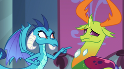 Size: 1920x1080 | Tagged: safe, screencap, princess ember, thorax, changedling, changeling, dragon, g4, school daze, accusation, angry, banner, canterlot castle, frown, glare, king thorax, pointing, sad, scared, suspect