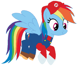 Size: 416x358 | Tagged: safe, artist:selenaede, artist:user15432, rainbow dash, pegasus, pony, g4, barely pony related, base used, cap, clothes, crossover, cute, gloves, hat, long sleeved shirt, long sleeves, male, maridash, mario, mario's hat, nintendo, overalls, red hat, shirt, shoes, solo, super mario bros., super smash bros., undershirt