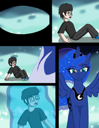 Size: 2210x2832 | Tagged: safe, artist:oghaliengts, princess luna, human, pony, g4, comic, dream walker luna, female, fetish, giantess, high res, imminent vore, macro, magic, male, mare, micro, ponies eating humans