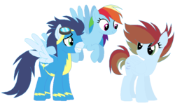 Size: 806x486 | Tagged: safe, artist:puffydashie01, rainbow dash, soarin', oc, oc:windy sky, pegasus, pony, g4, base used, clothes, female, male, mare, offspring, parent:rainbow dash, parent:soarin', parents:soarindash, ship:soarindash, shipping, simple background, straight, transparent background, uniform, wonderbolts uniform